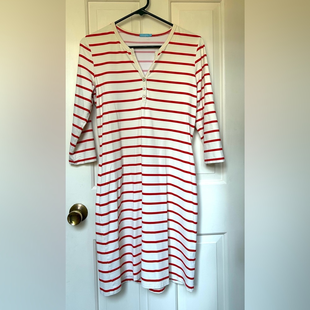 J McLaughlin Red and White Striped Dress 3/4 Sleeve, Sz M
